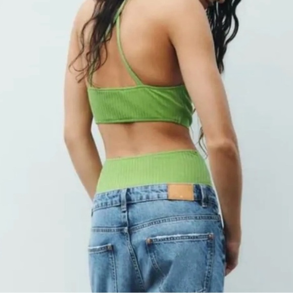 Zara Lime Green Ribbed Cut-Out Halter Bodysuit Size M NWT Style 00850188 - Picture 3 of 5